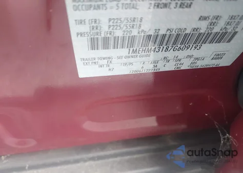 2007 Mercury Montego Premier z USA, uszkodzony, nr VIN 1MEHM43187G609193